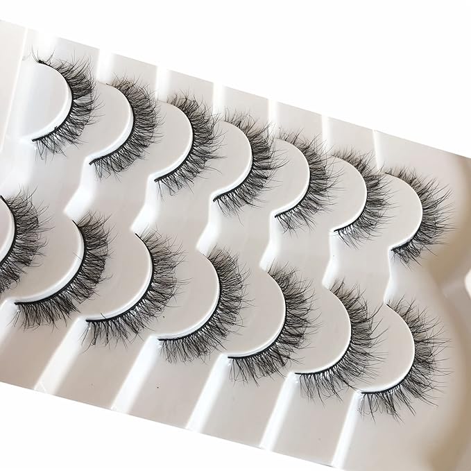 Pooplunch Fake Eyelashes Short Natural False Eyelashes Cat-Eye Wispy Volume Lightweight Faux Mink Eye Lashes Strips 7 Pairs Pack