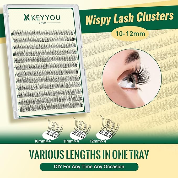 KEYYOULASH Lash Clusters Kit 144pcs 10-12MIX Lash Extension Kit Natural&Wispy Lash Clusters with Bond and Seal,Remover,Applicators for DIY Eyelash Clusters at Home (KY10 Kit)
