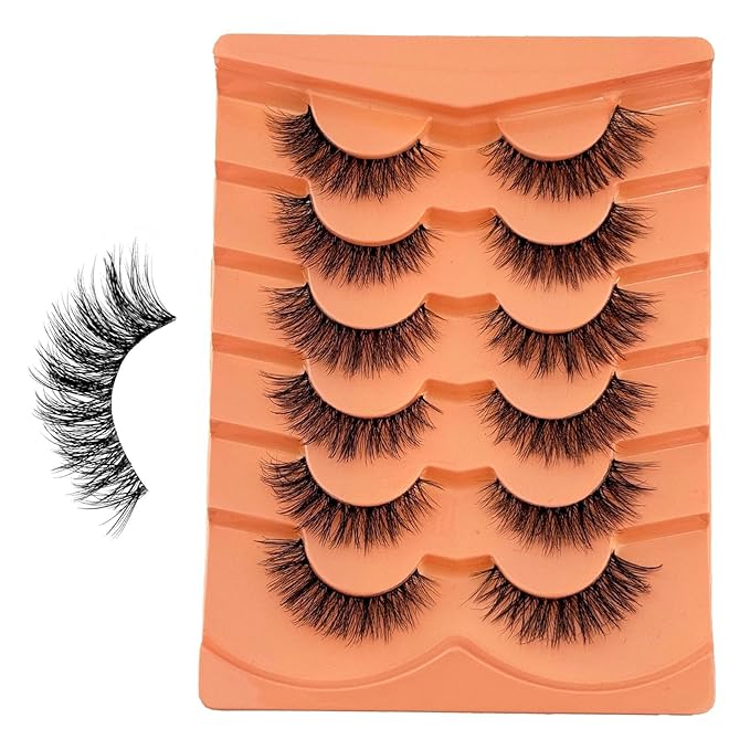 False Eyelashes Natural Look Wispy Fake Lashes Yasnai 8-14mm Short Cat Eye Lashes Volume Lashes Strips Lashes Natural Eyelashes Clear Band 6 Pairs Pack