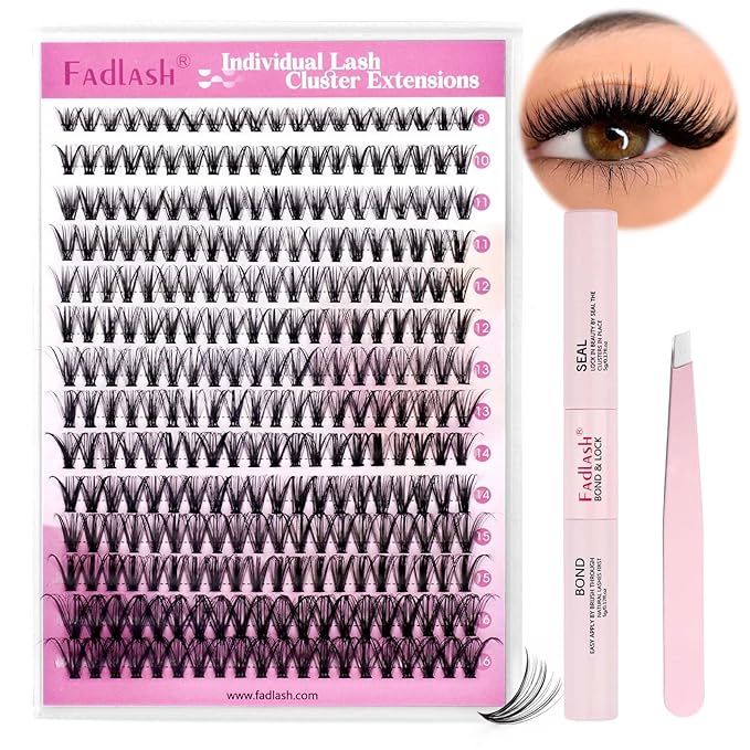 FADLASH DIY Lash Extension Kit Individual Lashes Cluster D Curl Eyelash Extension Kit with Lash Bond and Seal and Lash Applicator Tool for Self Application at Home (30D-0.07D-8-16MIX KIT)