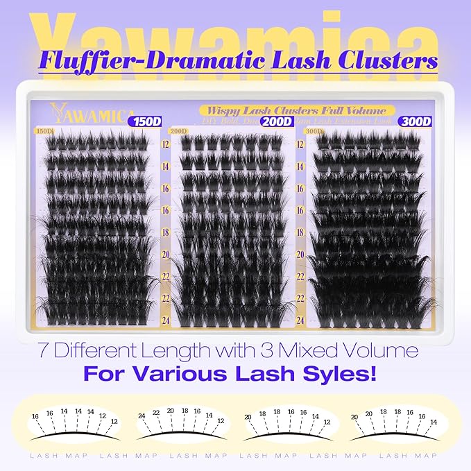 Fluffy Lash Clusters 150D+200D+300D Thick Volume Cluster Eyelash Extensions 12-25mm Dramatic Long Eyelash Clusters Wispy Individual Lashes D Curl Cluster Lashes DIY Glam Lash Extension by Yawamica