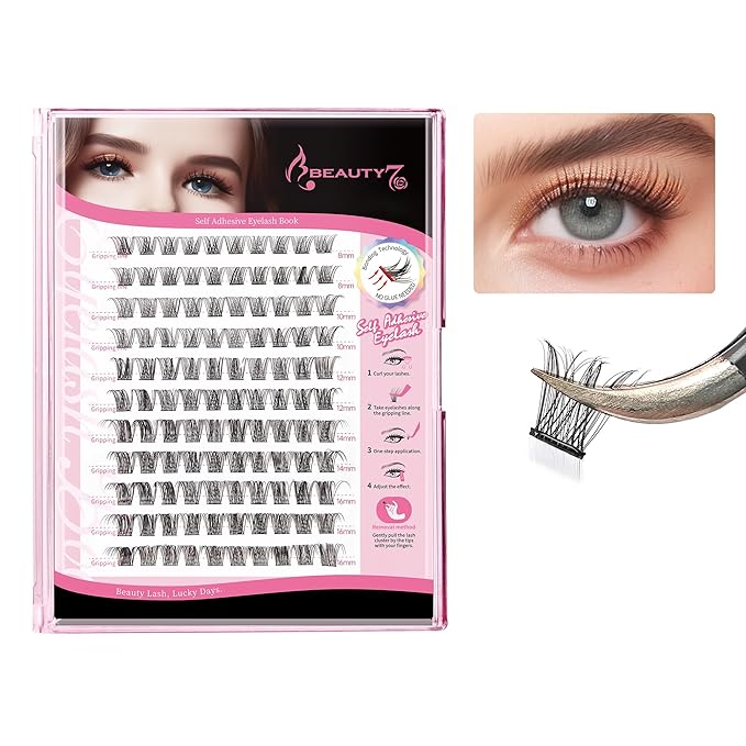 Beauty7 Self Adhesive Eyelashes, No Glue Needed, Self Adhesive Lash Clusters, Pre-Glued Eyelashes, Reusable Eyelash Clusters, D Curl 110pcs Clusters DIY Lash Extension (110pcs)