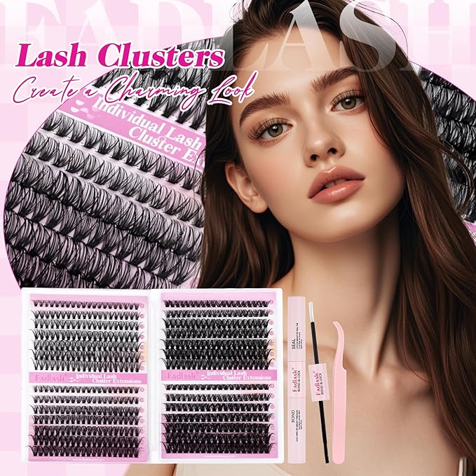 FADLASH Lash Clusters Kit 560Pcs Eyelash Clusters Kit 8-16mm Individual D Curl Cluster Eyelash Extensions with Lash Bond and Seal Lash Tweezers (30D+40D+50D+60D Kit 8-16mm)