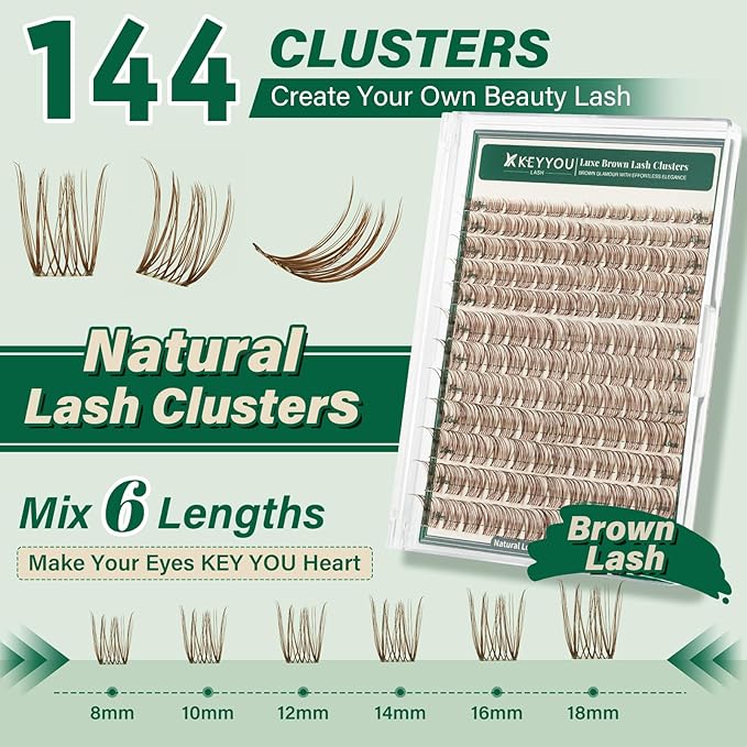 KEYYOU Brown Lash Clusters 144pcs Eyelash Clusters 8-18MIX D Curl Cluster Lashes Soft Fluffy Wispy Lash Clusters Natural Look Brown DIY Lash Extension At Home(Brown03-D-8-18MIX)