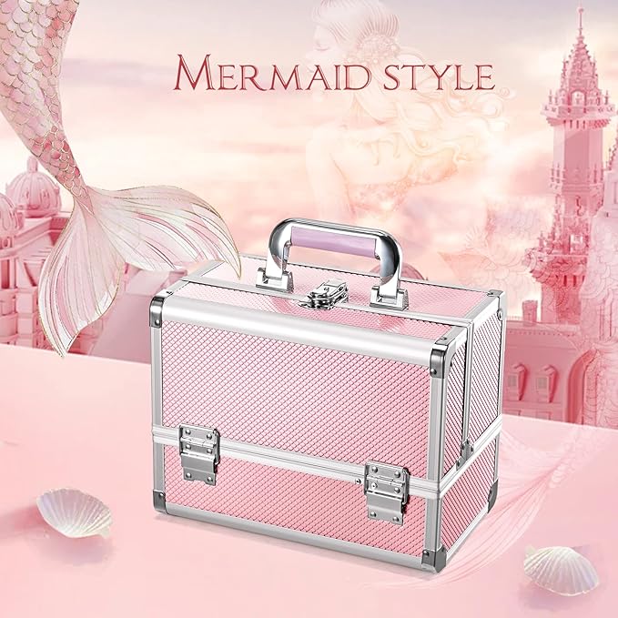 Joligrace Makeup Train Case Cosmetic Box 11.8 Inches Jewelry Organizer Professional 3 Tiers Trays with Mirror and Brush Holder Lockable Key Portable Travel Mermaid Pink