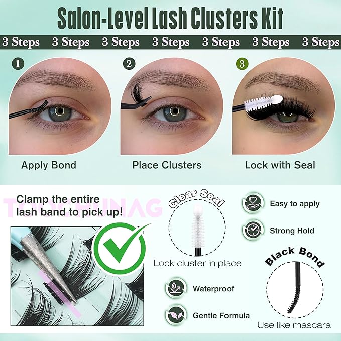 Wispy Lash Clusters Kit Natural Eyelash Clusters 10-20mm Long Lash Extension Kit D Curly Volume Lashes Individual with Lash Bond and Seal, DIY Waterproof Cluster Eyelash Extensions by TOOCHUNAG