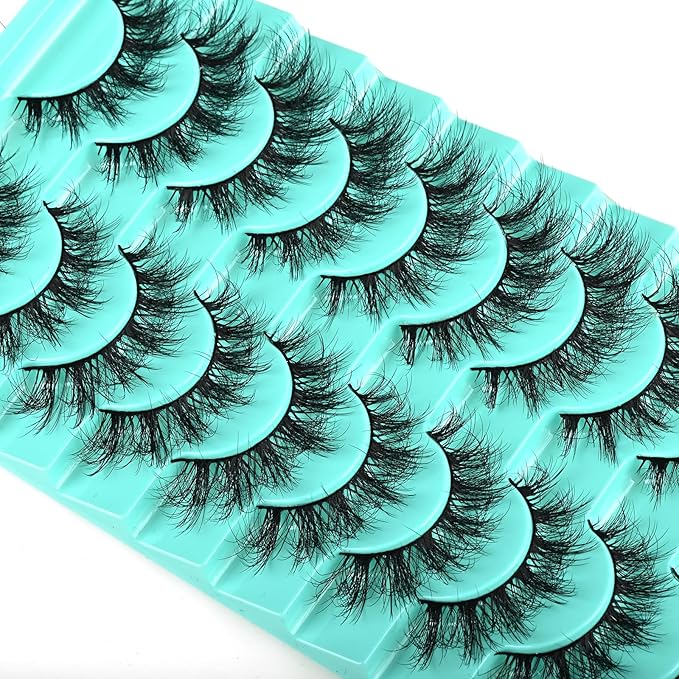 Mink False Eyelashes, 10 Pairs Fluffy Cat Eye Strips, Natural Looking Short Lashes with Soft Band, 3D Multi-Layered, Reusable, Cruelty Free (Flare Wispy, 9-15mm, Black)