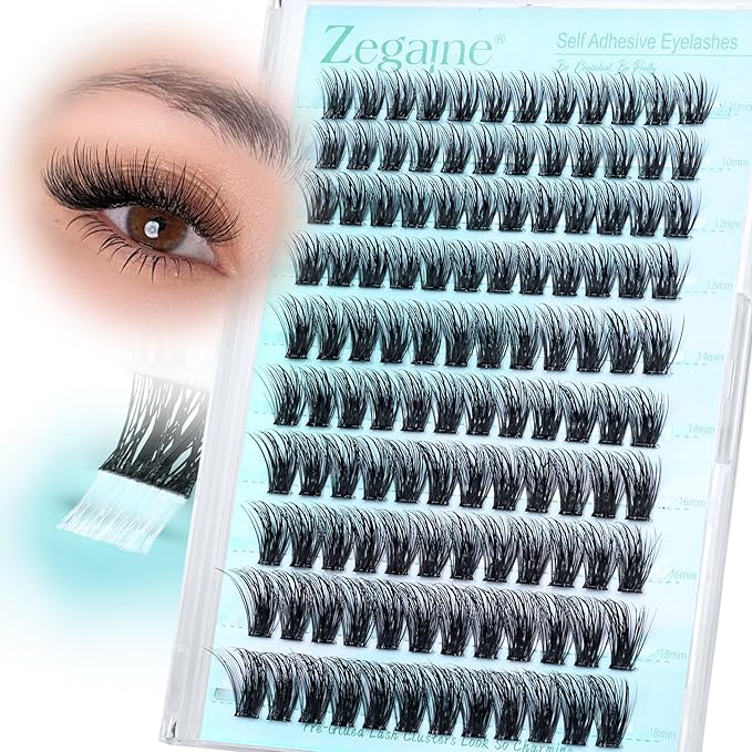 Wispy Self Adhesive Eyelashes Natural Self Adhesive Lash Clusters With Spikes D-Curly Pre Glued Lashes Reusable Glueless Lashes Salon-Level Cluster Eyelash Extensions 10-18MM by Zegaine