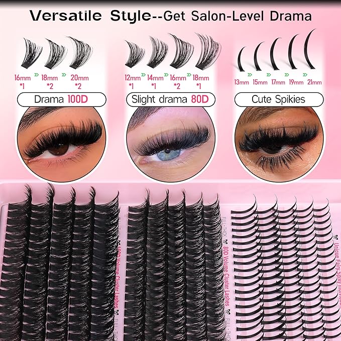 Lash Clusters Kit 13-21MM Lash Spikes Eyelash Clusters 80D 100D Thick Cluster Eyelash Extensions Kit Spiky DIY Lash Extensions Kit Individual Lashes Volume 295PCS