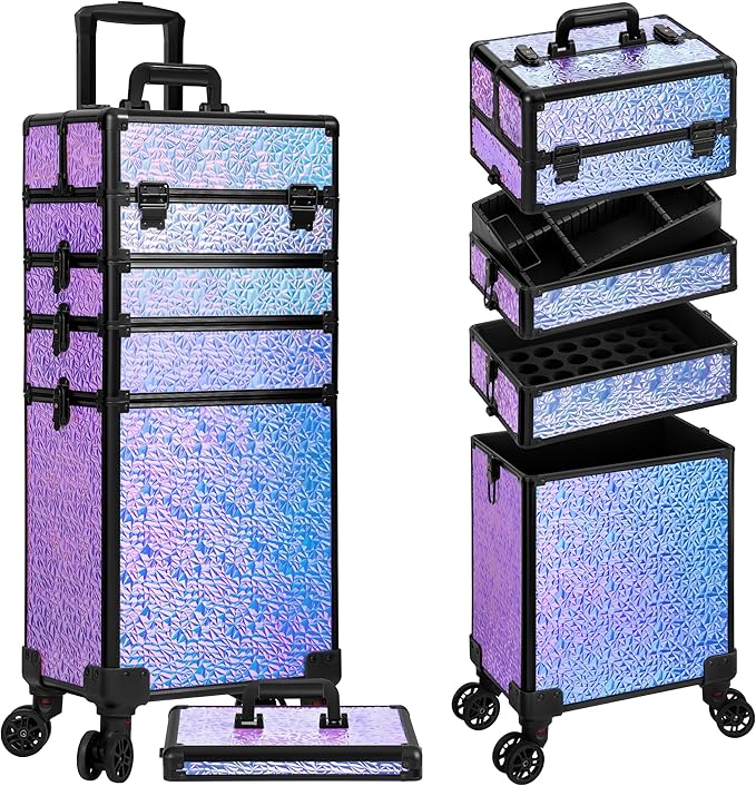 Profesional Rolling Makeup Train Case with Lid, 5 in 1 Cosmetology Case on Wheels, Large Cosmetic Trolley Organizer Travel for Hairstylist Artist Nail Beauty Salon Barber, Gravel Purple