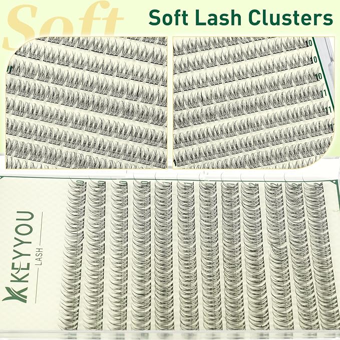KEYYOULASH Lash Clusters Manga Lash Extension D Curl 144pcs 10-12mm Wispy Eyelash Clusters Natural Volume Eyelash Extensions Individual Lashes DIY at Home(KY10,D-10-12MIX)