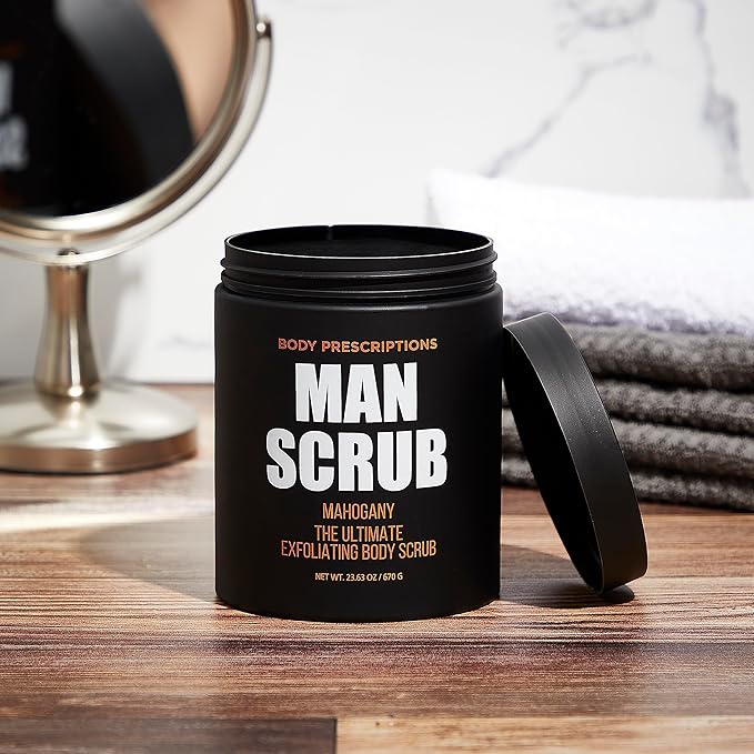 Body Prescriptions Men’s Exfoliating Body Scrub – Ultimate Skin Cleansing Wash in Jar with Twist-Top Lid, For All Skin Types, 21 Ounce (Pack of 4), Mahogany