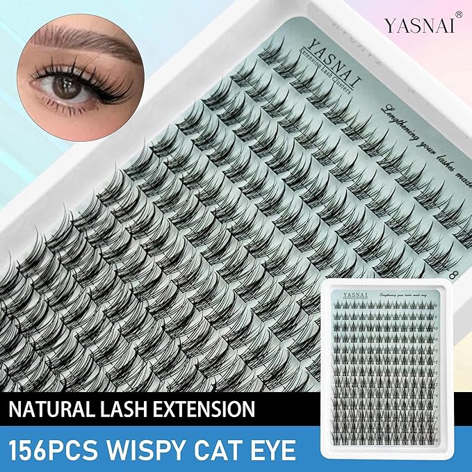 Lash Clusters Natural Look Wispy Manga C Curl Lash Extensions Fairy Eyelash Clusters 8-16MM 156pcs Eye Lashes Extension, Yasnai Individual Eyelash Clusters DIY at Home