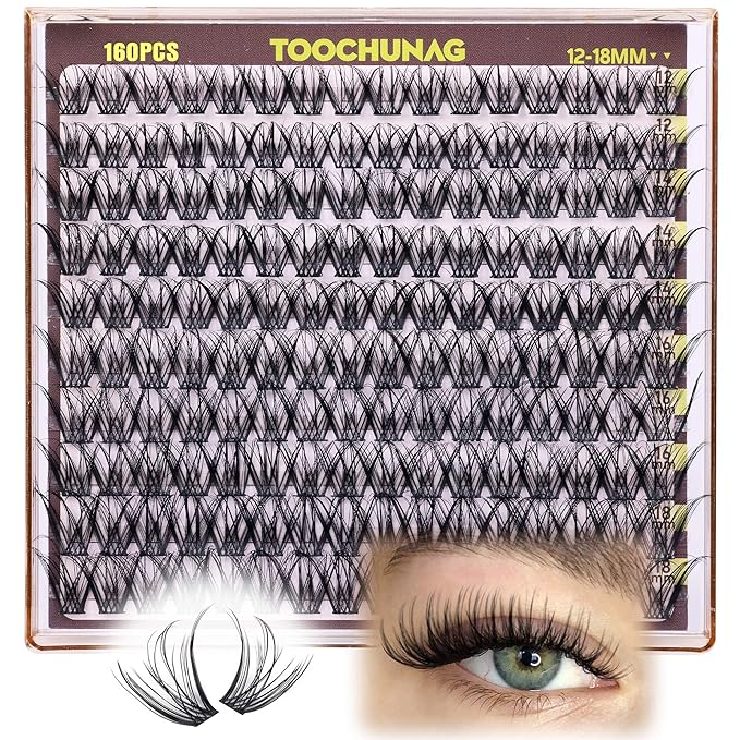TOOCHUNAG 12-18mm Eyelash Clusters Wispy Lash Clusters 160pcs Fairy Cluster Eyelash Extensions Curly Individual Lashes Extension Long Thin Band False Eyelashes Clusters