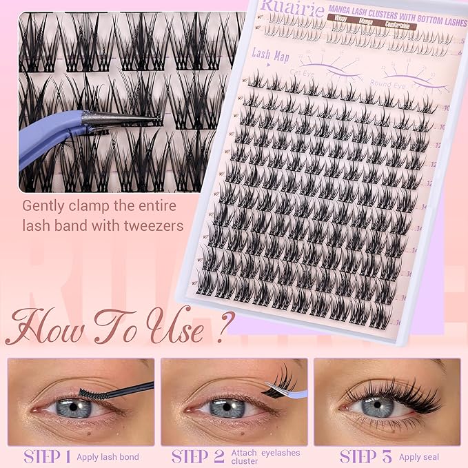 Natural Lash Clusters Kit Manga Lash Extension Kit Wispy Cluster Eyelash Extensions Anime Lashes Clusters 10-16mm DIY Eyelash Extension with Waterproof Bond,Seal and Tweezers by Ruairie
