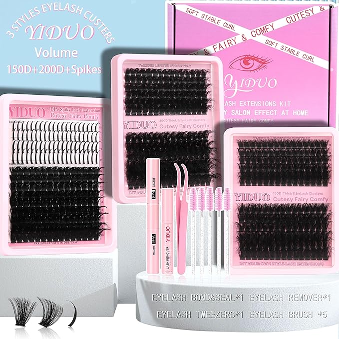 575Pcs Bulk Pack Lashes Clusters Kit with Glue and Removers, D Curl Volume 150D+200D+Spiky Lashes Clusters, 12-21mm Manga Extension Eyelashes DIY Individual False Eyelash Wholesale Pack