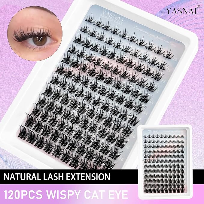 Natural Lash Clusters Fairy Wispy Manga Lash Extensions YASNAI Cluster C Curl Individual Lashes 10-18MM 120pcs, Spiky Anime Lashes Eye Lash Clusters Ultra-Thin Clear Lash Band
