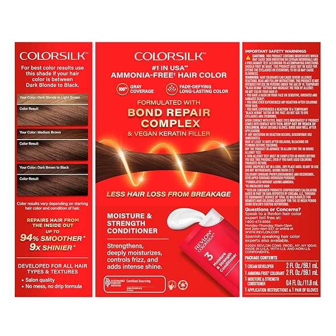 Revlon ColorSilk with Bond Repair Complex, Brown Permanent Hair Color, 100% Gray Coverage, Ammonia Free Hair Dye, Vegan Keratin, 33 Dark Soft Brown (Pack of 3)