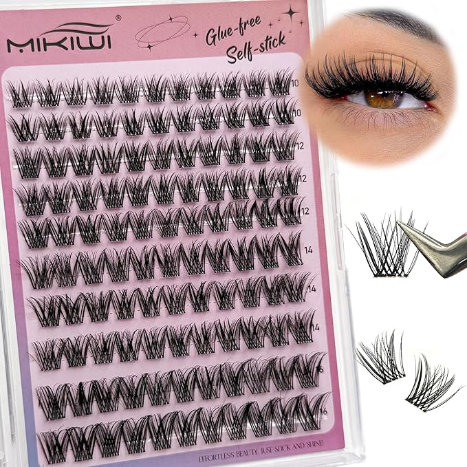 MIKIWI Self Adhesive Eyelashes, 10-16mm Pre Glued Eyelashes Clusters No Glue Natural Lash Clusters DIY Self Adhesive Lash Clusters