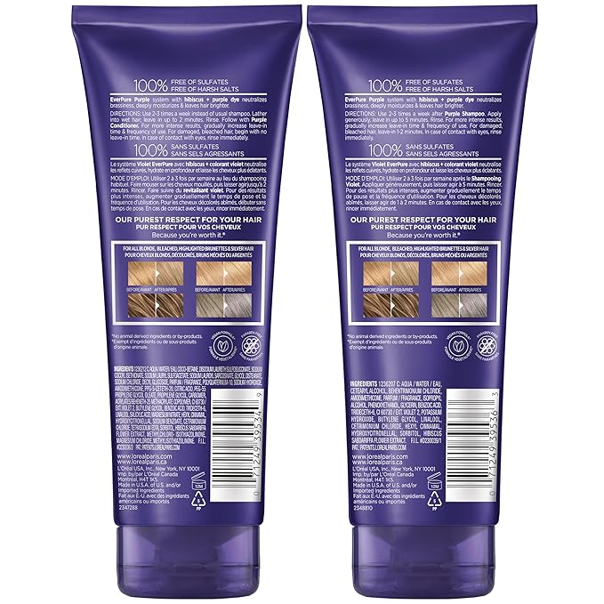 L’Oreal Paris EverPure Sulfate Free Brass Toning Purple Shampoo and Conditioner Set for Blonde, Bleached, Silver, or Brown Highlighted Hair, 1 Kit (Pack of 3)