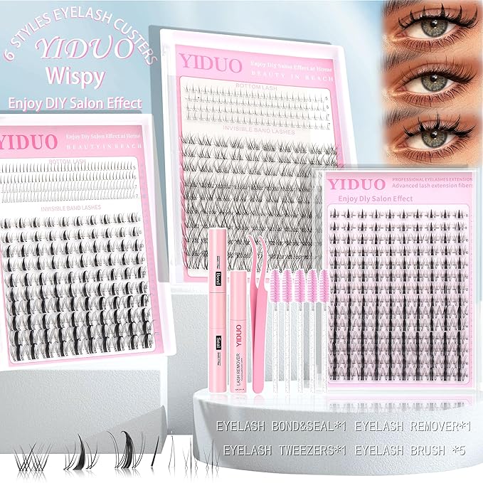 Fairy Manga lashes Clusters with Bottom Lashes Clusters Kit Gift Packs 604Pcs 5-16mm Soft Extension False Eyelash D Curl Wispy Natural Wet-Look Lashes Extensions Combo Pack with Glue Removers