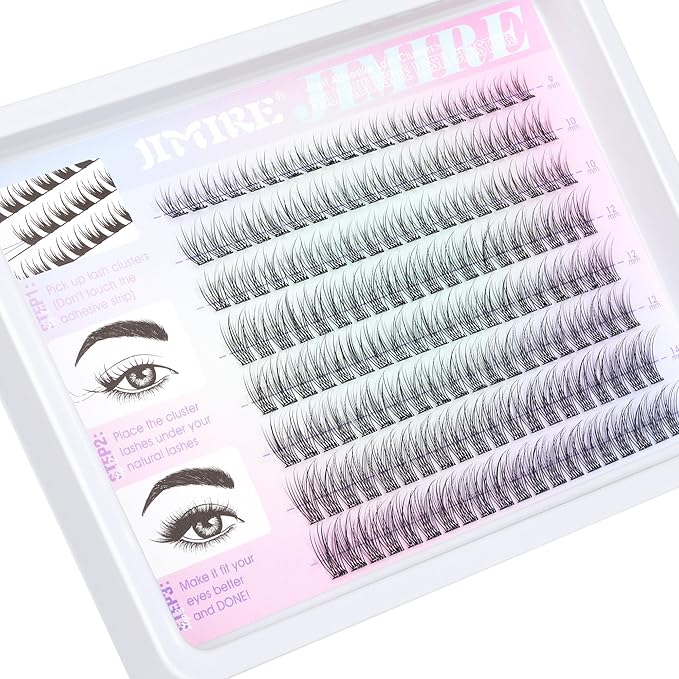 JIMIRE 160Pcs Self Adhesive Eyelashes Natural Look 9-14MM Wispy Pre Glued Lash Clusters No Glue Needed Press on Lashes Clusters Reusable Self Adhesive Eyelash Clusters Beginners Friendly