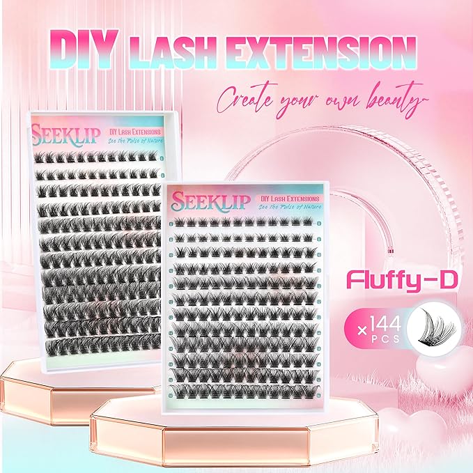 Lash Clusters 144PCS Individual Lashes 8-16MM Mixed Eyelash Clusters D Curl Cluster Lashes Fluffy Cluster Eyelash Extensions DIY Eyelashes Extension at Home (Fluffy-D)