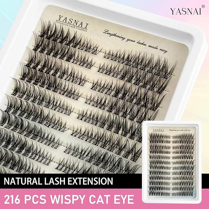 Lash Clusters Natural Look Wispy Cat Eye D Curl Lash Extensions Eyelash Clusters 8-16MM 216pcs Eye Lashes Extension, Yasnai Individual Eyelash Clusters DIY at Home