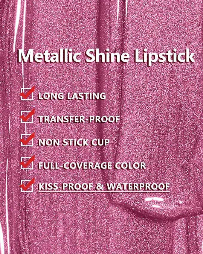 MAKI YIKA 3Pc Metallic Lipstick Long Lasting, Hot Pink Red Brown Glitter Lipsticks, High Shine Lipstick No Smudge No Transfer Liquid Lip Gloss (Hot Pink/Red/Brown)
