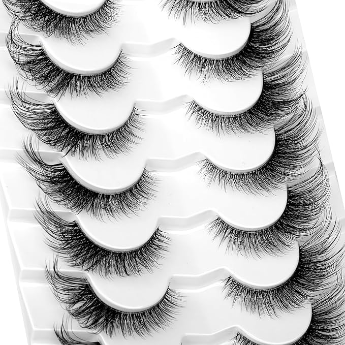Pooplunch False Eyelashes Foxy Cat Eye Look Natural Lashes Wispy Short Extension Fluffy Volume Clear Band Faux Mink Fake Eyelash Strips 7 Pairs Pack