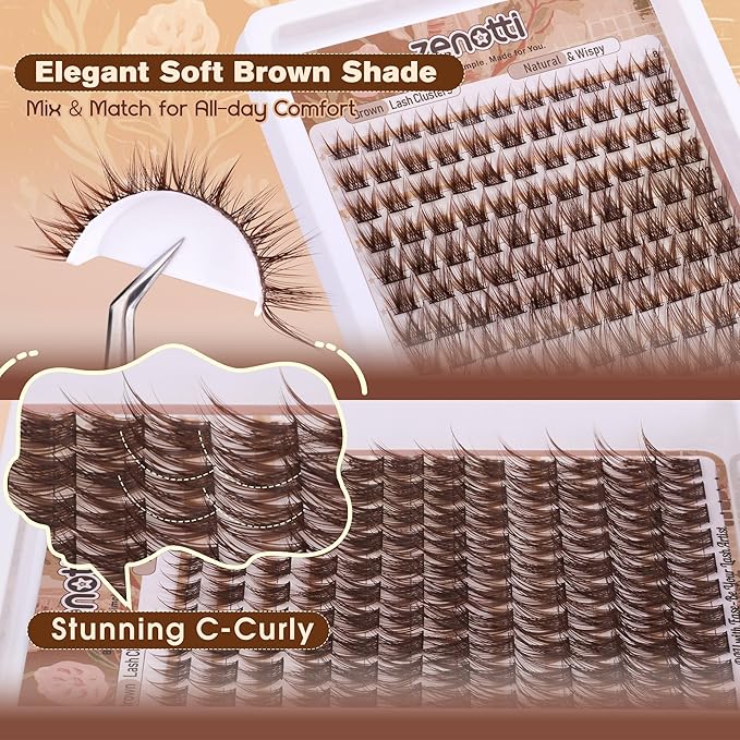 Brown Lash Clusters Wispy Lashes Clusters Natural Cluster Eyelash Extensions Dark Brown Eyelash Cluster C-Curly Individual Lashes Extension DIY Eyelash Extensions 8-16MM 132PCS by zenotti