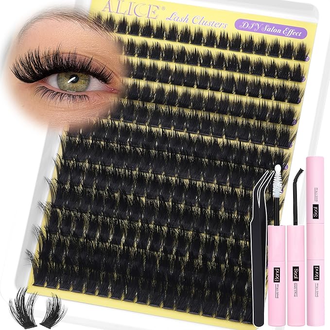 ALICE Fluffier Volume Lash Clusters Kit - Wispy Eyelash Clusters Kit 204pcs Thick 100D Spiky Russian D-Curly Anime Eyelash Extension Kit - Individual Lashes Kit with Lash Glue for DIY at Home