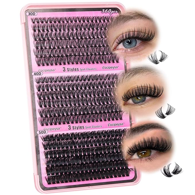Focipeysa Fluffy 360pcs Lash Clusters 30P+40P+50P DIY Lash Extension Volume Thick Clusters Lashes D Curl Eyelash Extension 9-16mm Individual Lash for Self Application at Home