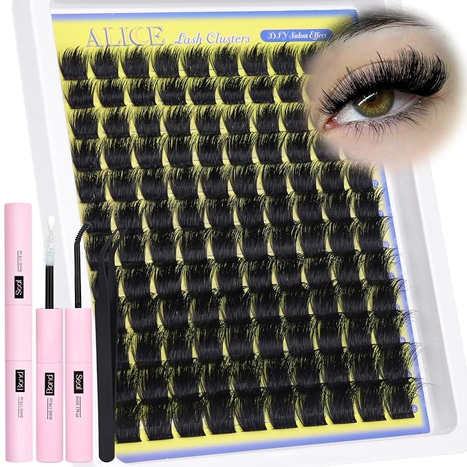 ALICE Lash Clusters Kit - 200D Russian Thick Eyelash Clusters Kit (Wispy & Spiky) - Lash Extension Kit with Lash Bond and Seal, Tweezers, Reusable Eyelash Clusters for Dramatic Volume Makeup