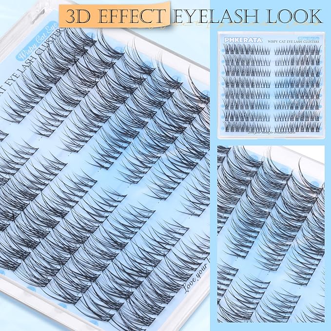 Wispy Lash Clusters Natural Eyelash Clusters 7-15 mm C Curvature Eyelash Clusters Lashes 144 pcs Wispy Cat Eye Individual Lashes Clusters DIY Eyelash Extensions