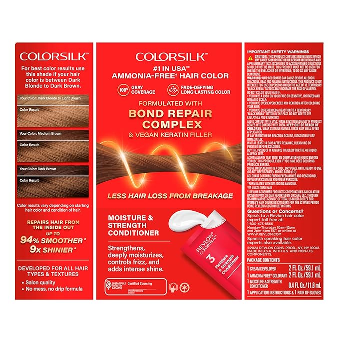 Revlon ColorSilk with Bond Repair Complex, Brown Permanent Hair Color, 100% Gray Coverage, Ammonia Free Hair Dye, Vegan Keratin, 54 Light Golden Brown (Pack of 3)