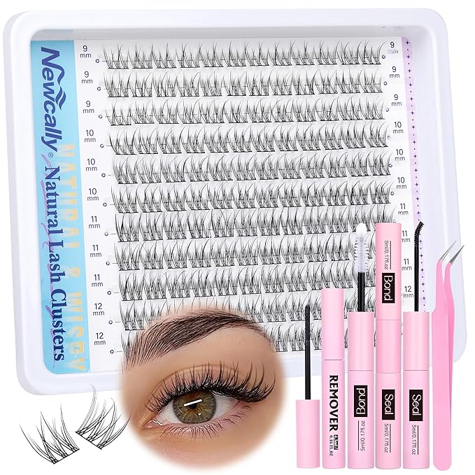 Natural Lash Clusters Kit DIY Lash Extension Kit Wispy Eyelash Extension Kit C-curly Individual Lashes Kit 9-12MM Short Eyelash Clusters with Lash Remover by Newcally