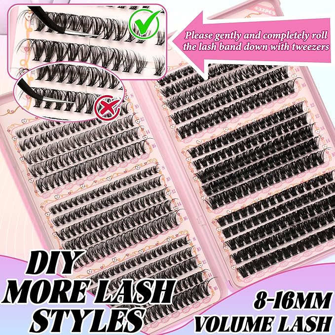 Gmagictobo Lash Clusters DIY Lash Clusters Kit Volume Lash Extension Kit 570Pcs Individual Lashes Clusters Thin Band Eyelash Extension Kit Lash Bond and Seal Lash Tweezers