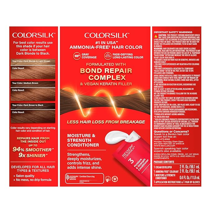 Revlon ColorSilk with Bond Repair Complex, Brown Permanent Hair Color, 100% Gray Coverage, Ammonia Free Hair Dye, Vegan Keratin, 46 Medium Golden Chestnut Brown (Pack of 3)