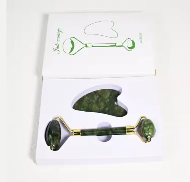 BelleVita Jade Roller & Gua Sha Set- Natural Facial Massage Tool for Lymphatic Drainage, Anti Aging and Glowing Skin Cooling Greenstone, Face and Neck Skin Care Set.