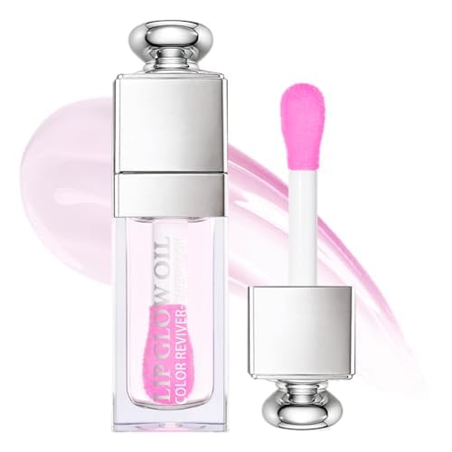 Plumping Lip Oil,Hydrating Gloss Tinted Lip Balm Transparent Lip Care,Big Brush Head Glitter Shine,Long Lasting Nourishing Non-sticky Fresh Textureand Dry Lips Care Products0.2 OZ(002#CLEAR TO PINK)
