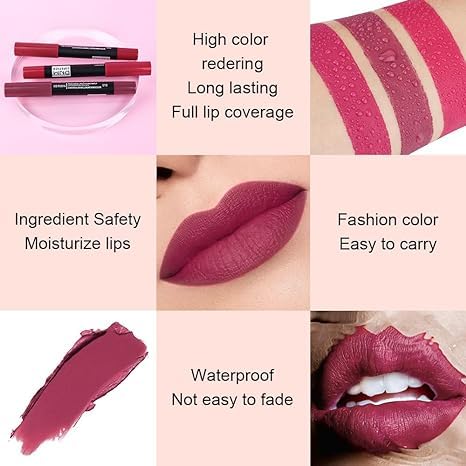 Generic Deep Dark Red Matte Lipstick and Lip Crayon Liner Pencil Pen Set for Women Lip Stain Long Lasting Waterproof labiales (1, 1Pcs 12# Wine Red)
