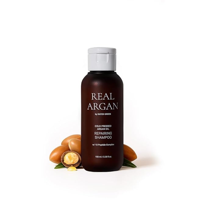 RATED GREEN Real Argan Repairing Travel Size Shampoo | Organic Cold Pressed Ingredient & 13 Peptide Complex | For Brittle and Damaged hair | Silicone-Free, Korean Hair Care | 3.38 fl oz