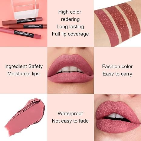 Generic Deep Dark Red Matte Lipstick and Lip Crayon Liner Pencil Pen Set for Women Lip Stain Long Lasting Waterproof labiales (1, 1Pcs 09# Chestnut)