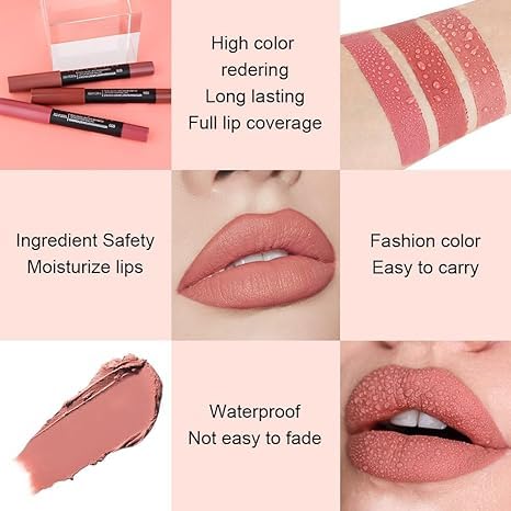 Generic Deep Dark Red Matte Lipstick and Lip Crayon Liner Pencil Pen Set for Women Lip Stain Long Lasting Waterproof labiales (1, 1Pcs 05# Nude Beige)