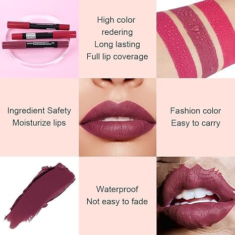 Deep Dark Red Matte Lipstick and Lip Crayon Liner Pencil Pen Set for Women Lip Stain Long Lasting Waterproof labiales (1, 1Pcs 03# Dark Grape Purple)