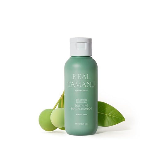 RATED GREEN Real Tamanu Soothing Scalp Travel Size Shampoo | Organic Cold Pressed Witch Hazel | For Sensitive & Irritated Scalp | Silicone-Free, Korean Hair Care | 3.38 fl oz