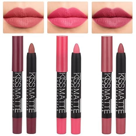 Generic Deep Dark Red Matte Lipstick and Lip Crayon Liner Pencil Pen Set for Women Lip Stain Long Lasting Waterproof labiales (3, 01# Light Pink Metallic & 04# Pink Matte & 07# Natural Pink Metallic)