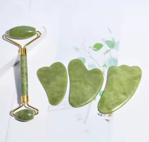 BelleVita Jade Roller & Gua Sha Set- Natural Facial Massage Tool for Lymphatic Drainage, Anti Aging and Glowing Skin Cooling Greenstone, Face and Neck Skin Care Set.