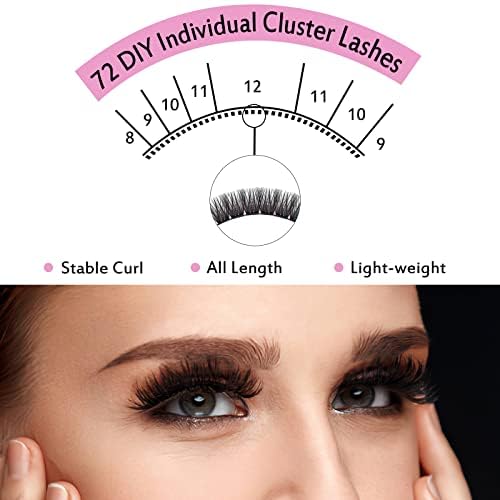 PRO LASHBEAUTY Cluster Lashes, 72 Pcs Individual Lashes, Lash Clusters DIY Eyelash Extension, Super Thin Band Reusable Soft & Comfortable (Into You-01-D-12mm)